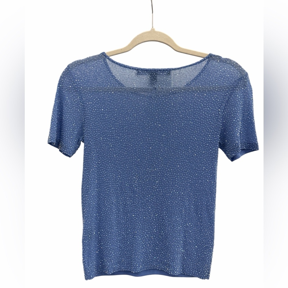 Beaded Linda Allard Ellen Tracy Blue Top Size Small Petite - Picture 3 of 6